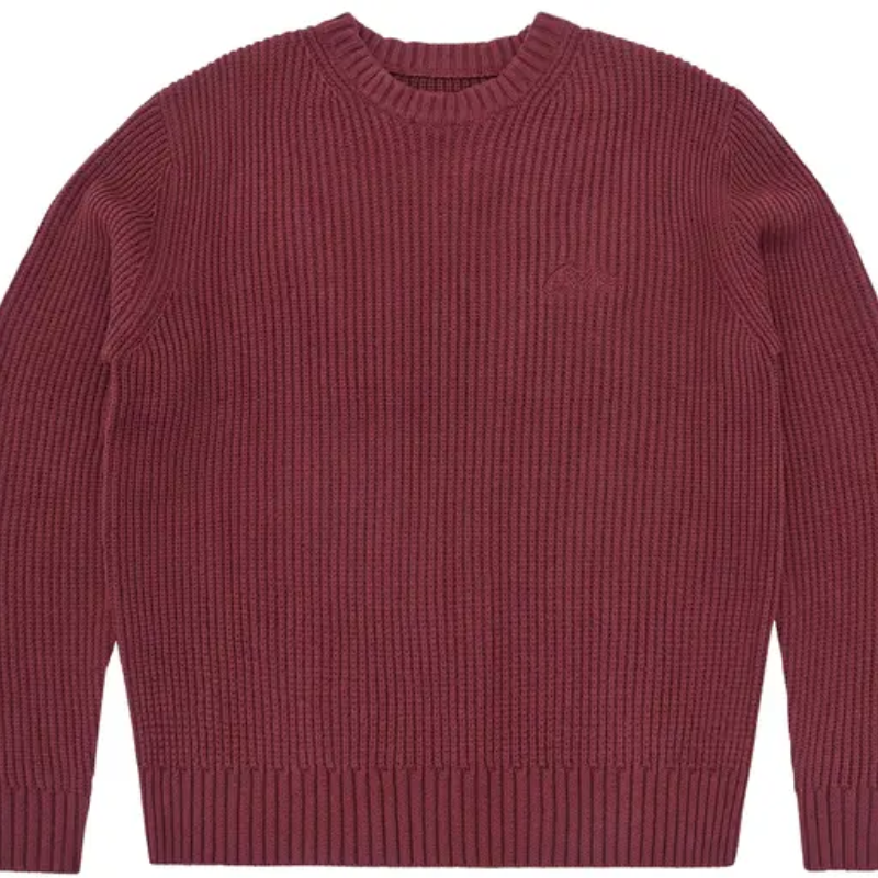 Corteiz Burgundy Crochet Applique Knit Crew Sweater